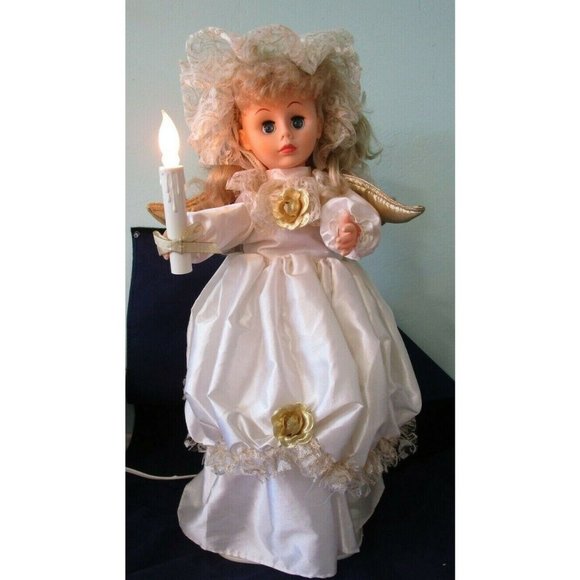Animated Christmas Angel Doll 24" White Gold Lace Mantilla Trim Roses Candle IOB - Picture 2 of 12